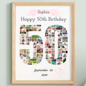 Personalized 50th Birthday Photo Collage Template: Custom Number 50 Printable Gift, Editable Birthday Poster Design, Editable Canva Template