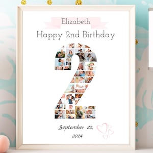Birthday Number 2 Photo Collage, Second Birthday Gift, Editable 2nd Birthday Milestone Photo Sign, 2nd Birthday Photo Poster, Canva Template