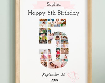 Personalized 5th Birthday Photo Collage: Custom Number 5 (Canva Template)