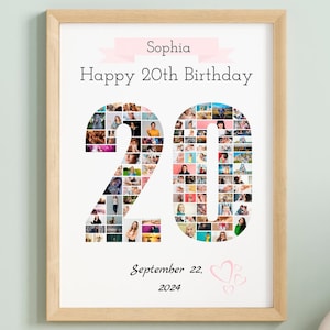 Personalized 20th Birthday Photo Collage Template: Custom Number 20 Printable Gift, Editable Birthday Poster Design, Editable Canva Template