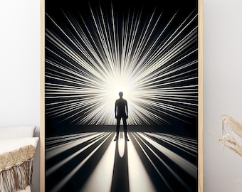 May include: A black and white photograph of a person standing in front of a bright light. The light is radiating out in all directions, creating a starburst effect. The person is silhouetted against the light.