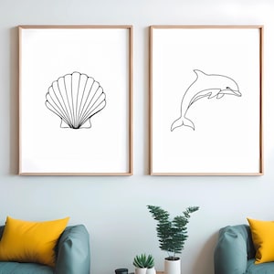 Dolphin and Seashell Line Art Prints: Minimalist Coastal Decor (Set of 2) (Digital Download)