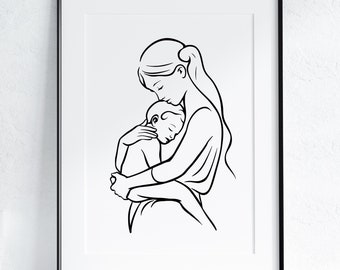 Mor och barn linjekonsttryck, familjeväggdekoration, moderskapsaffisch