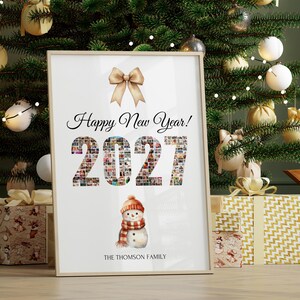 Modelo editável de colagem de fotos de Feliz Ano Novo 2027, quadro de fotos com números do ano para a família, pôster quadriculado de feriado, modelo do Canva
