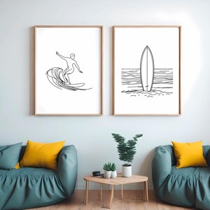 Minimalistische Surf-Linienkunst, Wanddeko mit Ozeanwellen, Surfer-Strandposter