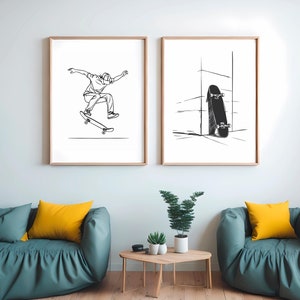 Lámina de arte lineal de skater, decoración de pared de skate, póster de trucos deportivos