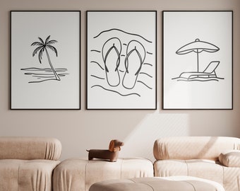 Tropical Palm Tree Line Art, Beach House Wall Decor, Ocean Leaf Poster