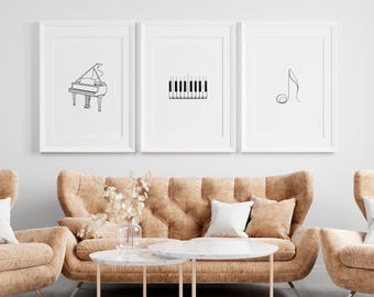 Arte minimalista de piano em estilo linear, decoração de parede com notas musicais, pôster para estúdio de músico.