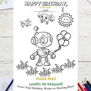 Alles Gute zum Geburtstag Malseite, Roboter Thema, anpassbare Karte für Jungen, bedruckbare & färbbare Roboter und Flugzeuge personalisierte Geburtstagskarte