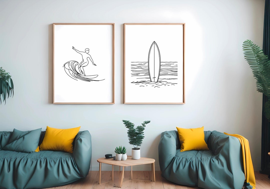 Surfing Art Print Set, Minimalist Surfer Wall Decor, Digital Surfboard