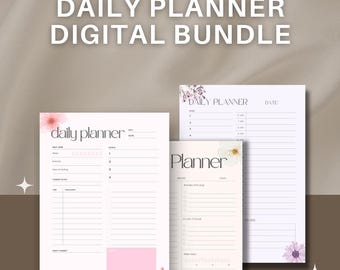 May include: A digital bundle of daily planners with floral accents. The planners have a soft color palette of pink, white, and beige. The text "DAILY PLANNER DIGITAL BUNDLE" is at the top of the image.