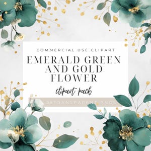 Clipart di fiori verde smeraldo e oro/Bouquet da sposa PNG/Ghirlanda e cornice di verde acquerello/Clipart di fiori a sublimazione