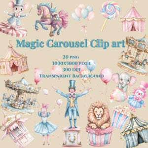 Carrossel mágico Pastel | Clipart de carnaval e parque de diversões de carrossel azul | Carrossel de chá de bebê | Carrossel de aquarela | Clipart de carnaval retrô |