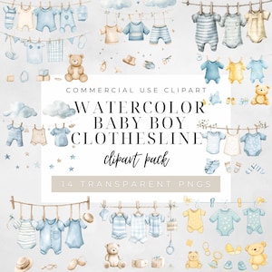 Clipart de corde à linge aquarelle pour bébé garçon - Décoration de chambre d'enfant Baby Shower peinte à la main | Corde à linge esthétique pour bébé garçon, art numérique pour le scrapbooking