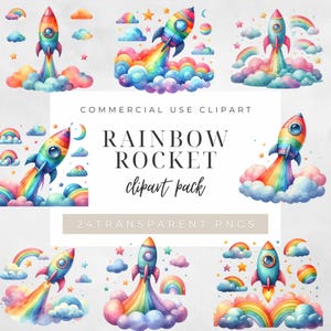 Op de afbeelding: Een verzameling aquarel clipart met kleurrijke raketten die opstijgen met regenboogsporen, wolken, sterren en regenbogen. De tekst "RAINBOW ROCKET clipart pack" wordt weergegeven. De afbeelding bevat 24 transparante PNG's.
