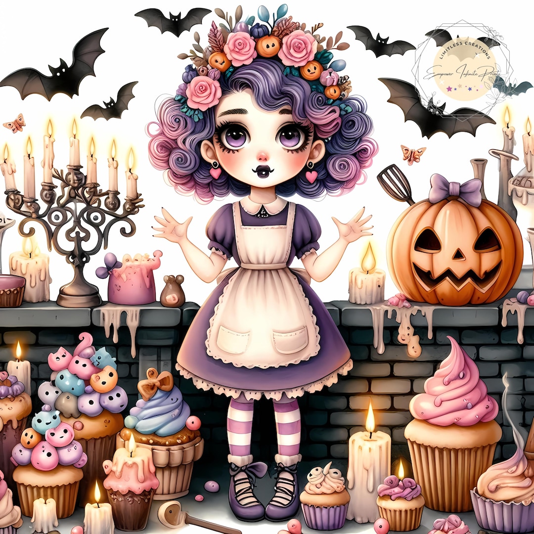 Cute Vampire Girl Baking Clipart | Kawaii Halloween Bakery Illustration ...