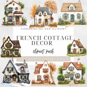 French Cottage Clipart Bundle| 20 Seasonal House PNGs( Spring, Summer, Fall, Winter) | Watercolor Vintage Homes| Cottage core Decor|