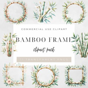 Puede incluir: Un conjunto de 11 ilustraciones de acuarela de marcos de bambú. Los marcos son de varias formas, incluyendo círculos, cuadrados y rectángulos. Los marcos están decorados con hojas verdes y flores rosas.