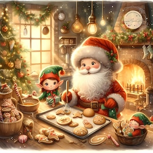 Santa’s Baking Treats Clipart – Cute Christmas Santa Claus and Elves Baking Cookies by the Chimney – Cozy Holiday Illustration for Cards,