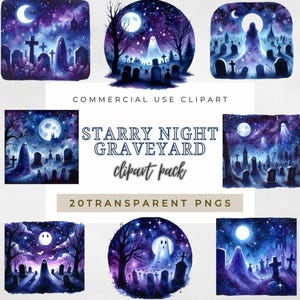 Art mural numérique cimetière nuit étoilée | Cimetière fantôme mignon imprimé | Affiche effrayante de galaxie d'Halloween | Scène de nuit gothique violet
