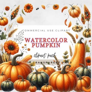 Watercolor Pumpkin Fall Clipart | Autumn Harvest PNG with Corn, Flowers, Maple Leaves | Thanksgiving Pumpkin Art for Sublimation