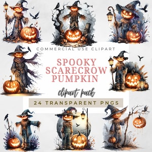 Spooky Pumpkin Scarecrow Clipart Bundle – Creepy Cute Halloween PNG – Watercolor Fall Scarecrow Art – Digital Download