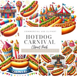 Hotdog-carnaval-clipartbundel | Kleurrijke graphics fastfood hotdogs| PNG's voor leuk foodfestival voor sublimatie, stickers en feestdecors