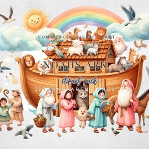 Clipart dell'Arca di Noè disegnata a mano ad acquerello / Download digitale di alta qualità / Illustrazioni di animali dell'Arca arcobaleno / Perfette per biglietti d'invito