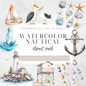 Watercolor Nautical Clipart Bundle: Ocean PNG Graphics (Digital Download)