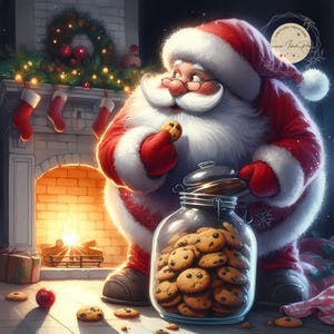 Quirky Santa’s Mischievous Snack Clipart |Cute Santa Claus Eating Christmas Cookies Illustration |Whimsical Holiday Digital Art for Festive