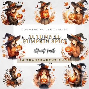 Autumn Witch Girl Clipart: Pumpkin Spice Fall Halloween PNG (Digital Download