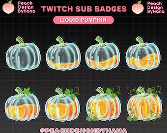 May include: Set of eight Twitch sub badges featuring glowing, transparent pumpkins with varying levels of orange liquid inside. The badges are labeled "Liquid Pumpkin" and include the text "Peach Design ByHana" and the creator's Instagram handle.