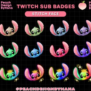 Può includere: Un set di 10 badge di abbonamento Twitch con Stitch di Lilo & Stitch. I badge sono di vari colori, tra cui blu, verde, rosa e viola. Alcuni badge hanno una corona e glitter. Il testo "TWITCH SUB BADGES" e "STITCH FACE" è in cima all'immagine.