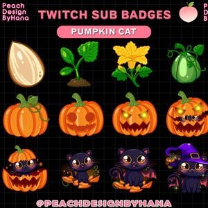 May include: A collection of Twitch sub badges featuring Halloween-themed designs. The badges include a variety of pumpkins with carved faces and glowing eyes, along with black cats, some with bat wings and witch hats. The text "TWITCH SUB BADGES" and "PUMPKIN CAT" are also present.