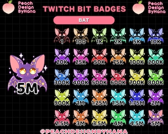 May include: A set of 20 Twitch bit badges featuring a purple bat with gold stars. The badges are numbered from 1 to 5 million.