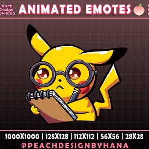 May include: Animated emote of a yellow Pikachu character wearing glasses, holding a notepad and pencil. The character has a serious expression. The image includes the text "ANIMATED EMOTES" and the creator's name.