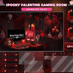 May include: A spooky Valentine's Day-themed gaming room design with a dark red and black color scheme. The design includes a computer setup with the text "Starting Soon" on the monitor, skulls, candles, roses, and animated overlays. The design is by Peach Design ByHana.
