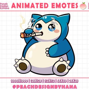 Puede incluir: Emotic&oacute;n animado que presenta un personaje de dibujos animados azul y blanco fumando un cigarro. El personaje tiene ojos grandes y humo. El texto "ANIMATED EMOTES" es visible. La imagen incluye el texto "Peach Design ByHana" y dimensiones.