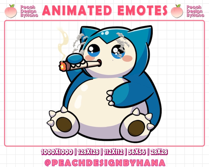 Puede incluir: Emotic&oacute;n animado que presenta un personaje de dibujos animados azul y blanco fumando un cigarro. El personaje tiene ojos grandes y humo. El texto "ANIMATED EMOTES" es visible. La imagen incluye el texto "Peach Design ByHana" y dimensiones.
