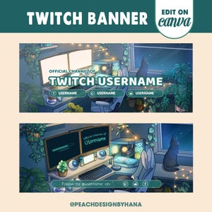 Twitch バナー テンプレート | 緑と黒猫のローファイ ゲーム ルーム | 編集可能でカスタマイズ可能な Twitch ストリーム ヘッダー バナー - かわいい黒猫