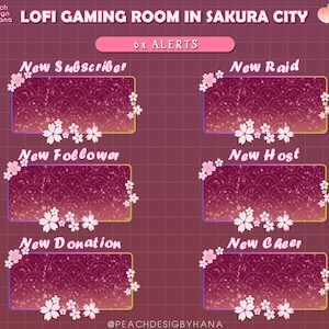 Animated Twitch Alerts Cherry Blossom, Sakura Stream Alerts, Lofi Twitch Overlay for Streamer, Vtuber