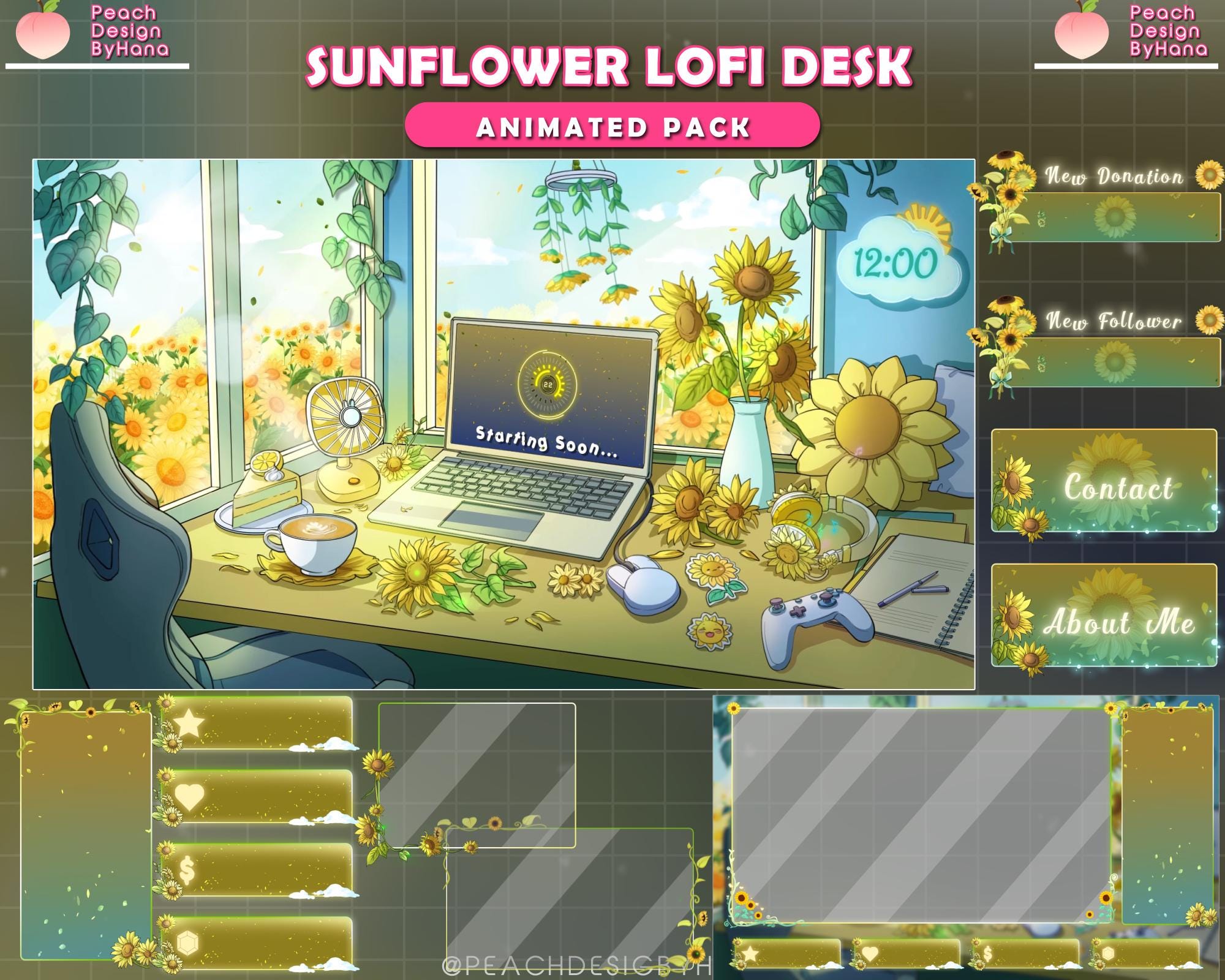 アニメーションストリームパッケージ ローファイデスクサンフラワー - Twitchオーバーレイ - 美しく居心地の良い黄色の部屋 - 魔法のサンフラワールーム - サンフラワーテーマ