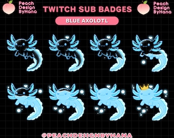 8xBlaue Axolotl Liquid Sub Badges für Twitch, YouTube und Discord - Gespendete Badges für Stream - Niedliche Axolotl Sub Badges - Jubelnde Sub Badges
