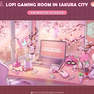Animated Twitch Overlay Lofi Gaming Room In Sakura City  - Cherry Blossom Stream Screens -  Laptop, Headphone - Pink Package Twitch Overlay