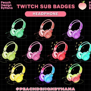 Può includere: Nove badge di abbonamento Twitch di diversi colori che rappresentano un paio di cuffie. I badge sono di colore verde, rosa, viola, giallo, rosso, blu, arancione, azzurro e rosa. Il testo "TWITCH SUB BADGES" e "HEADPHONE" è in alto nell'immagine.