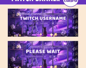 Twitch Banner Template | Celestial Cat Banner for Twitch | Editable Customizable Twitch Stream Header Banner - Kawaii Black Cat