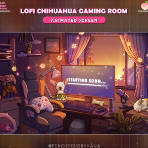 Puede incluir: Ilustración animada de una sala de juegos con temática de chihuahua. La escena incluye una pantalla de ordenador que muestra "STARTING SOON...", una silla de juego, mandos y un perro durmiendo. La habitación está decorada con luces de cadena y un reloj digital.