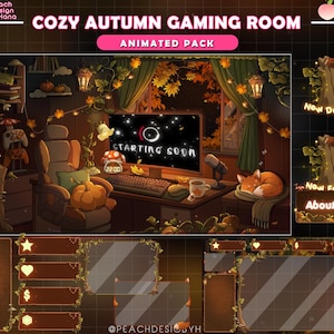 May include: A digital streaming overlay pack titled COZY AUTUMN GAMING ROOM ANIMATED PACK featuring a dark room with a computer monitor displaying STARTING SOON, a gaming chair, pumpkins, squirrels, autumn leaves, and various UI interface frames.