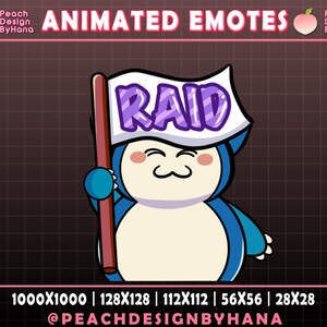 May include: Animated emote featuring a blue and white cartoon character holding a flag with the word "RAID" in purple. The image includes the text "ANIMATED EMOTES" and the creator's name.