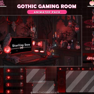 Pode incluir: Ilustração digital de uma sala de jogos gótica com um esquema de cores vermelho escuro. A cena inclui uma configuração de computador, caveiras, velas e o texto "Starting Soon". O design é um "Animated Pack".